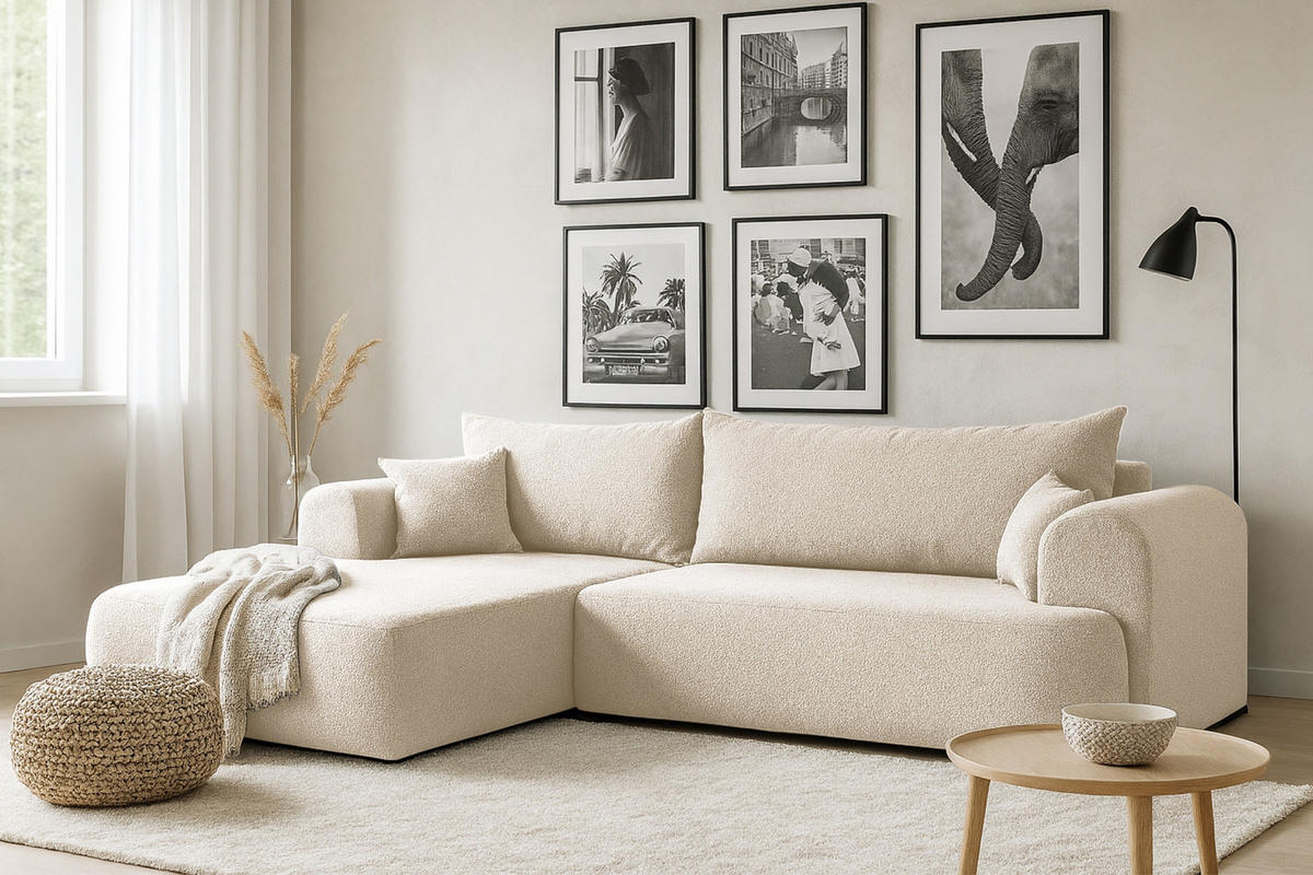 ECKSOFA BRAVO 280/180 in Bouclé Creme links - Creme, Holz/Holzwerkstoff (280/180cm) - Deine Möbel 24