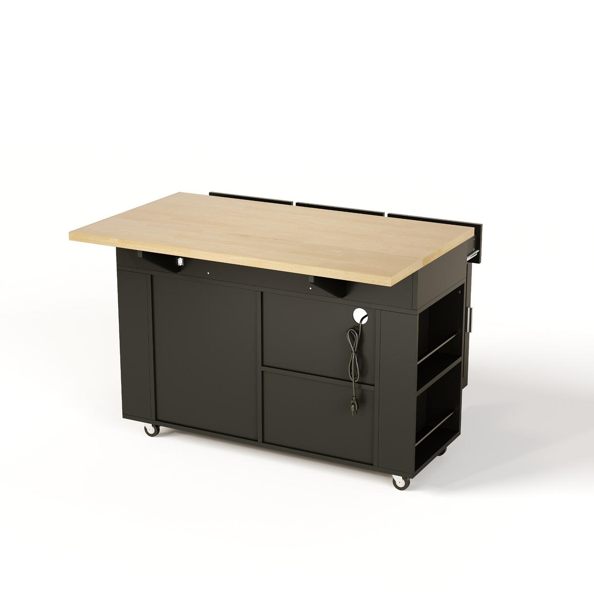 KÜCHENINSEL 129/45/84 cm Schwarz mit klappbarer Arbeitsplatte, 3 Schublade und Rollen - Schwarz, Holz (70/84/120cm) - Oxeza