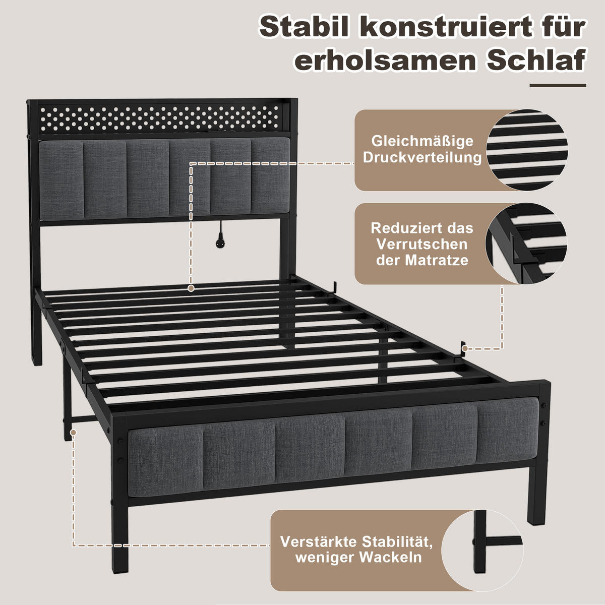 METALLBETT 90/200 cm in Schwarz mit Stauraum und USB-Anschlüssen - Schwarz, Metall (90/200cm) - OKMYHOME