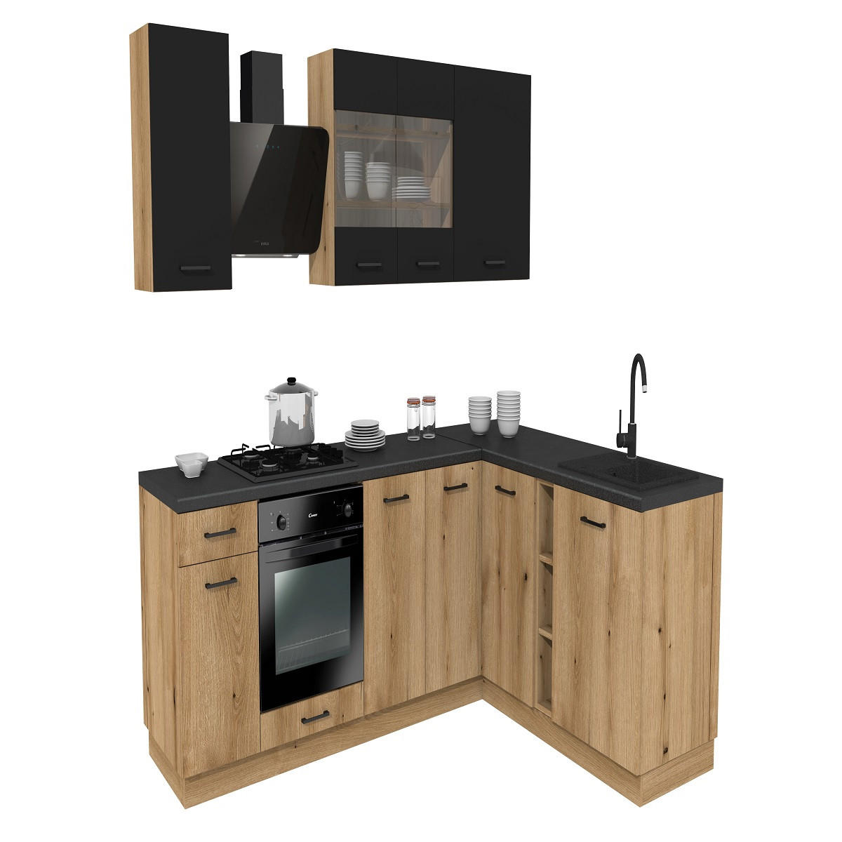 WINKELKÜCHE 240x180 cm - SIMPLY Z4 mit Arbeitsplatte - in Eiche / Schwarz Matt - Schwarz/Eiche Artisan, Holz (420/212/53cm)