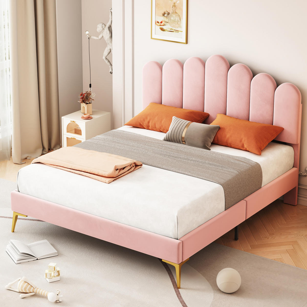 POLSTERBETT 140/200 cm mit verstellbarem Kopfteil, Lattenrost und Metallfüßen, Rosa - Rosa, Textil (140/200cm) - Redom