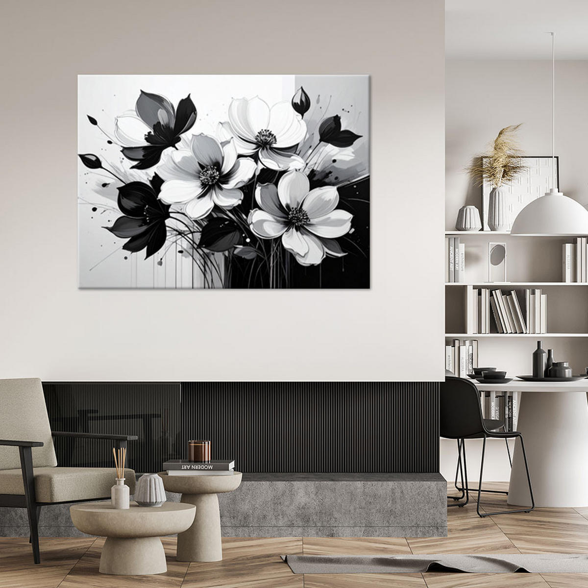 WANDBILD, Schwarz-weiße Blüten - Schwarz, Textil (90/60cm) - Feeby
