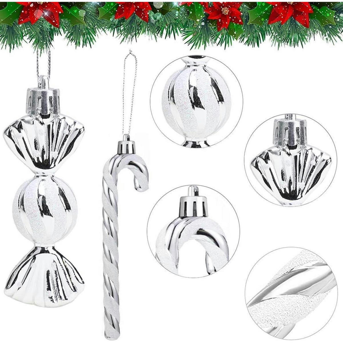 WEIHNACHTSBAUMSCHMUCK 18-teiliges Set Zuckerstangen & Kugeln Silber Weiß - Silberfarben, Kunststoff (5/3/14cm)