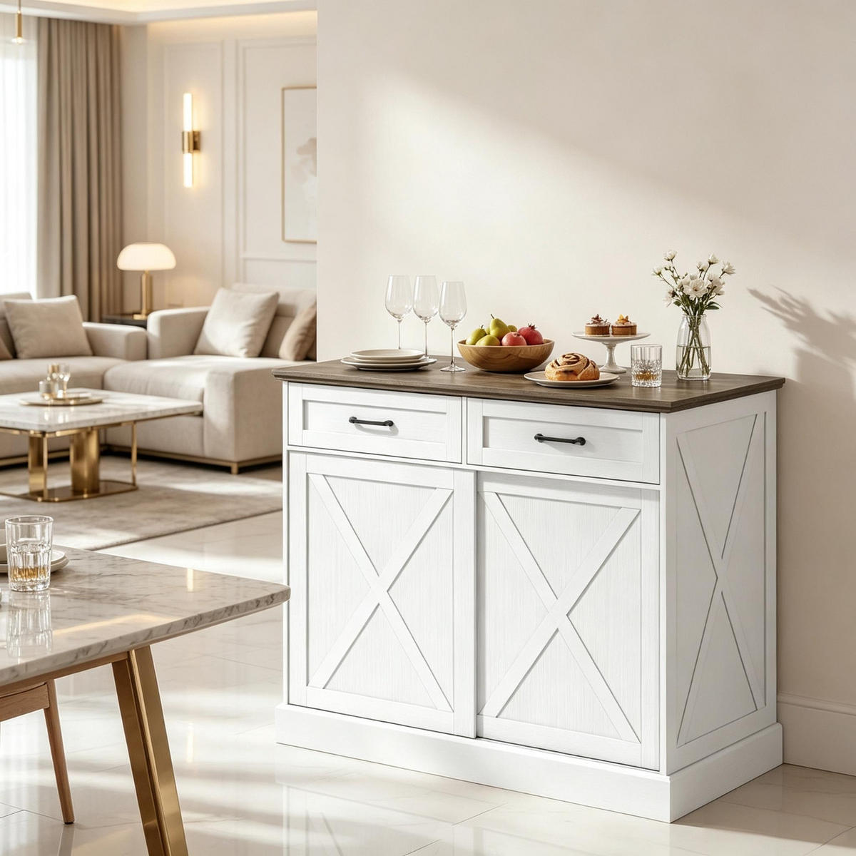 KÜCHENINSEL-SCHRANK, MIT SCHIEBETÜRSCHRANK, Weiß-Antikbraun, Bauernhausstil, 106,4/57/92 cm - Braun, Holzwerkstoff (57/92/106.4cm) - Rolipo