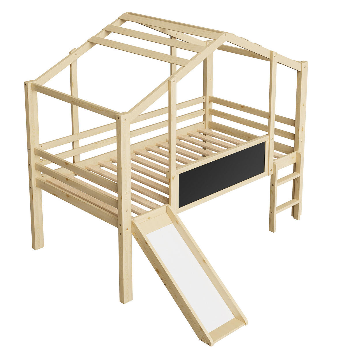 HOCHBETT aus 90x200 cm Naturholz mit Rutsche, Leiter, Tafel und Hausdach - Naturfarben, Holzwerkstoff (90/200cm) - Modfu
