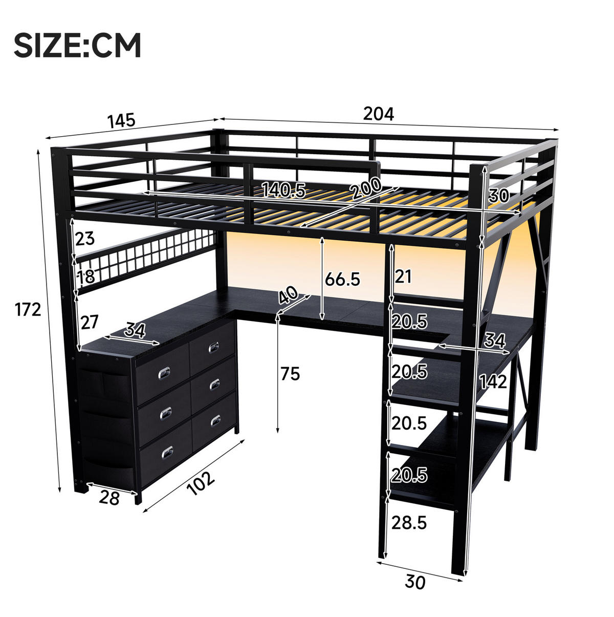 HOCHBETT 140x200 cm in Schwarz mit Schreibtisch, Schubladen und LED-Beleuchtung - Schwarz, Holzwerkstoff (140/200cm) - IVMEU
