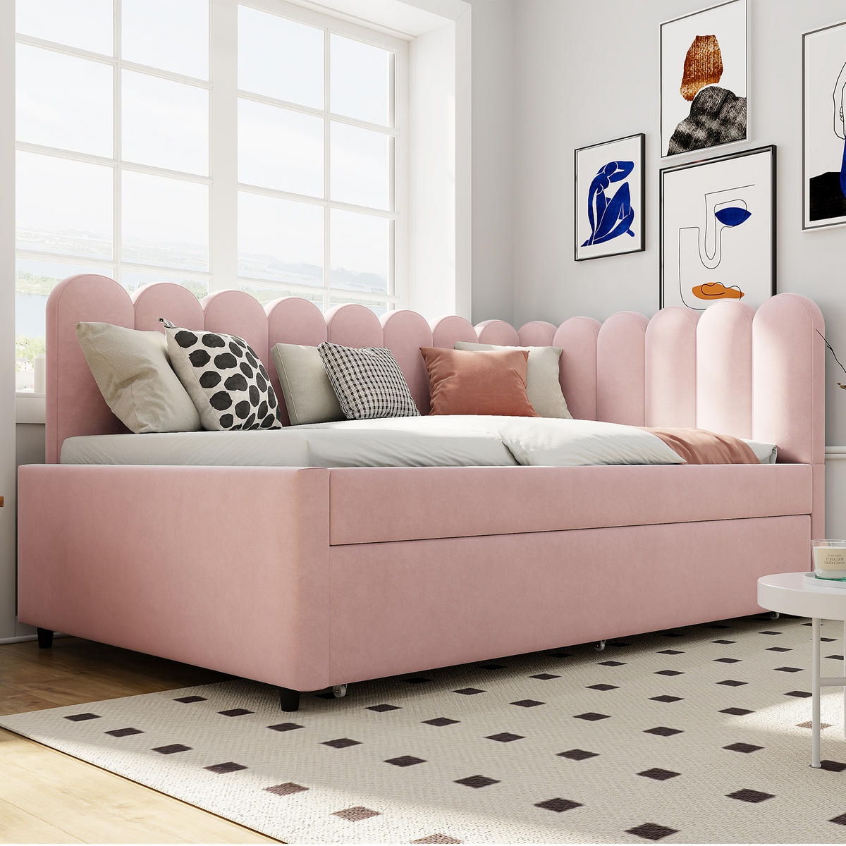 SCHLAFSOFA 140/200 cm in Rosa Samt mit Ausziehbett - Rosa, Holzwerkstoff/Textil (140/200cm) - WISHDOR
