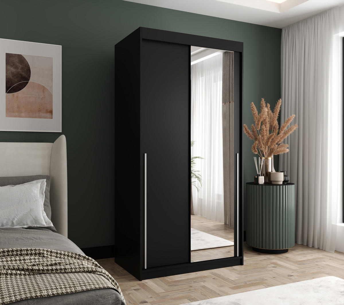 SCHIEBETÜRENSCHRANK mit Spiegel 100 cm Breite, schwarz mit silbernem Griff - Silberfarben/Schwarz, Holzwerkstoff (250/200/62cm) - Home Collective