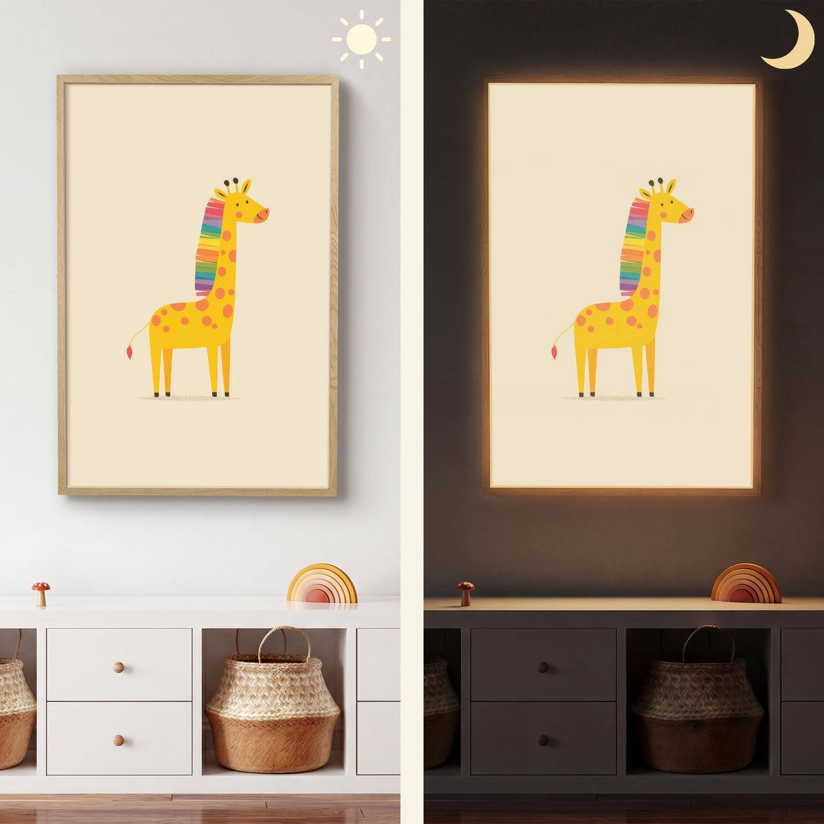 NÁSTĚNNÁ LAMPA S AKUMULÁTOREM Žirafa - Duhová hříva - béžová 70x100 cm - béžová, kompozitní dřevo (70/100/8cm) - OnlyWow