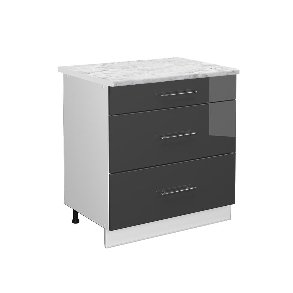 KÖKSUNDERSKÅP Fame-Line Antracit högblank 80 cm med 3 lådor, AP marmor Svart högglans, Vit 82/80/60 cm