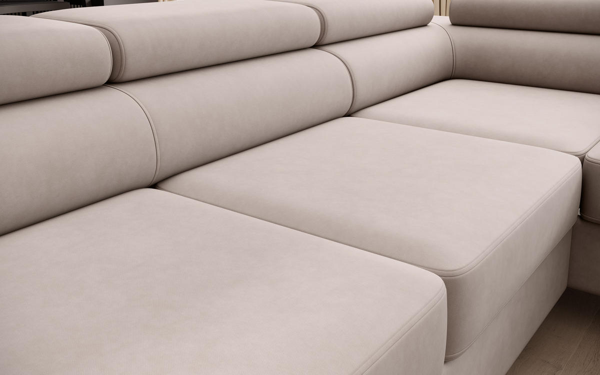 ECKSOFA U-form PRIAM U mit Schlaffunktion, Bettkasten & Easy-Clean-Stoff - Beige/Schwarz, Holz/Textil (203/91/350cm) - Muffo