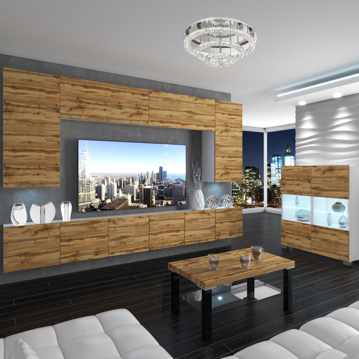 WOHNZIMMERWAND mit LED-Beleuchtung TV-Schrank Wotan-Eiche - Braun, Holz (300/180/36cm) - B BELINI GROUP