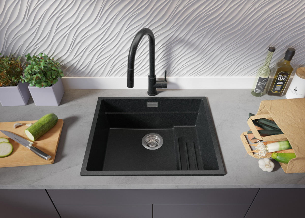 SPÜLBECKEN Praga Slim, 2-er set Anthrazit 56/47 cm 1 Becken + Ablauf-Set + Aufrollbare Abtropffläche ab 60er Unterschrank - Chromfarben/Anthrazit, Kunststoff (56/20/47cm) - Primagran
