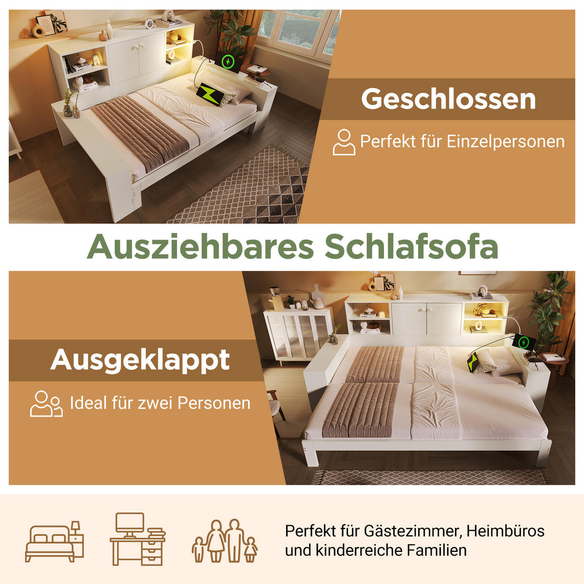 POLSTERBETT 90/200 cm Weiß mit Stauraum, Ausziehbett und USB-/USB-C-Anschlüsse - Weiß, Holz (90/200cm) - Oxeza