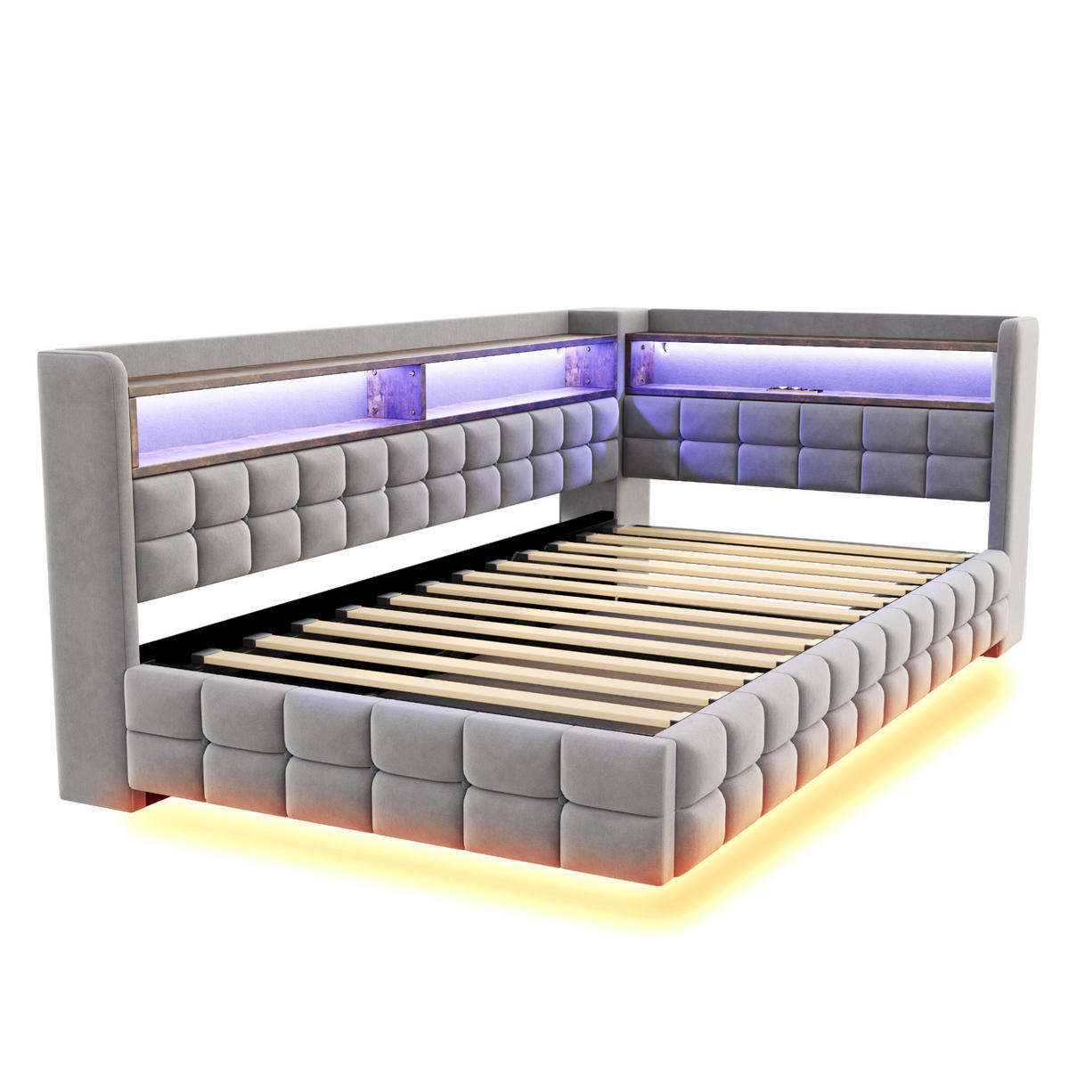 SCHLAFSOFA 90x200 cm in Hellgrau mit Stauraum, LED-Beleuchtung und Ladeanschlüssen - Hellgrau, Textil (90/200cm) - IVMEU