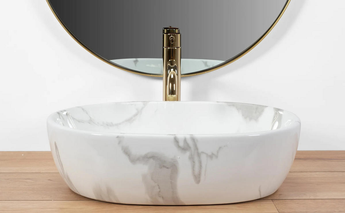 AUFSATZWASCHBECKEN Rea Amelia Marmo Shiny - Weiß, Keramik (34.5/13.5/48cm) - REA