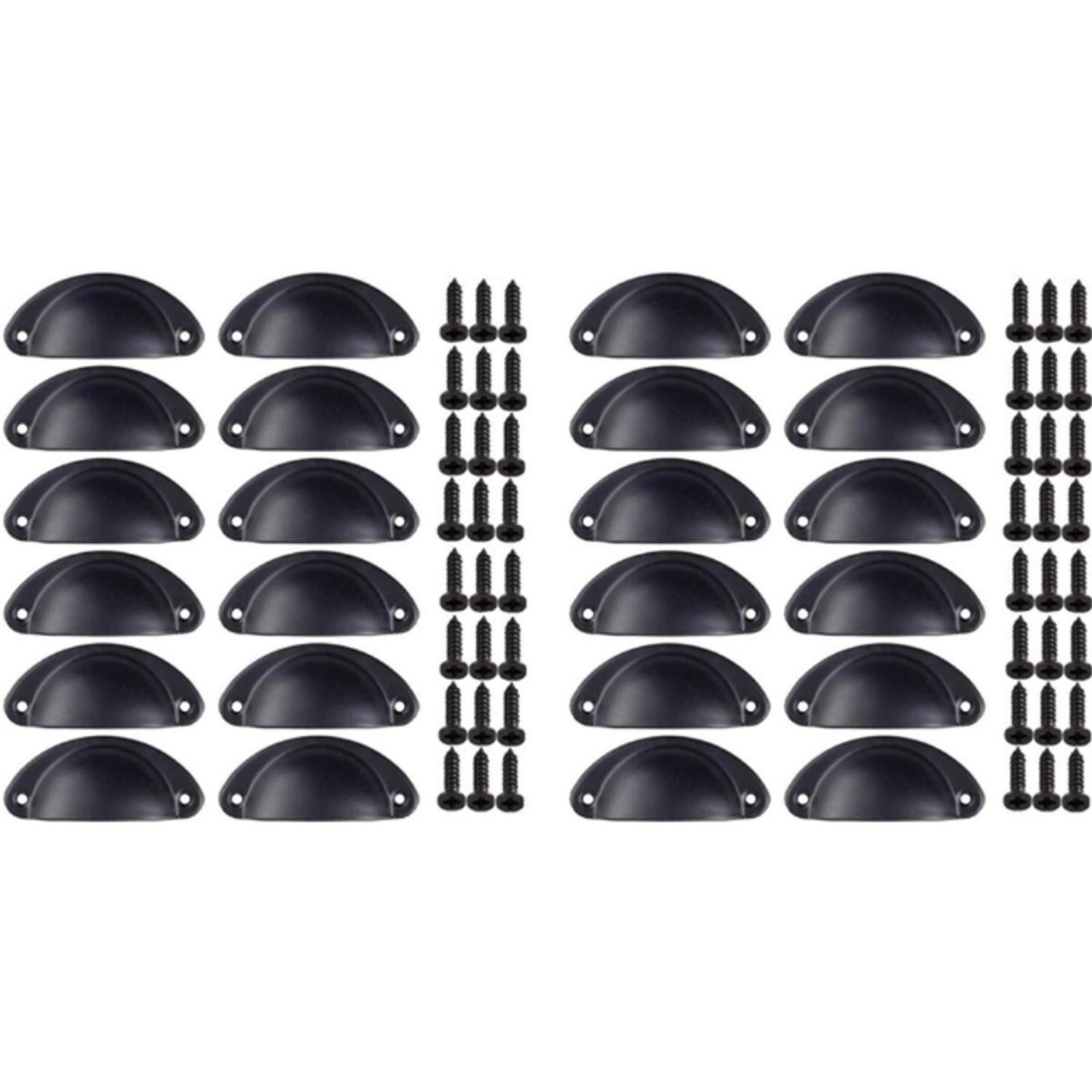 MUSCHELGRIFF 24er-Set Schwarz Eisen Lochabstand 65 mm mit Schrauben Küche Kommode - Schwarz, Metall (3.1/3.1/8.1cm) - MCBOSON