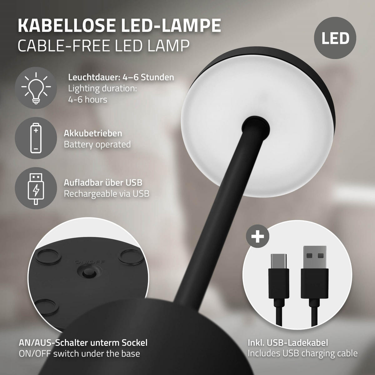 LED TISCHLAMPE kabellos Touch Schwarz Ø8x34,5cm 3 Lichtfarben Dimmbar - Schwarz, Kunststoff (8/8/34.5cm) - ML-DESIGN