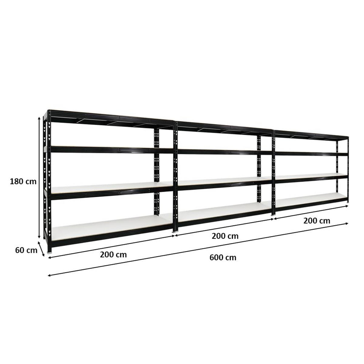 SCHWERLASTREGAL Rhino 3er-Set mit 3x 180x200x60 cm 4 Melamin-Ebenen 16mm Fachlast 500 kg Schwarz - Schwarz, Metall (600/180/60cm) - PROREGAL