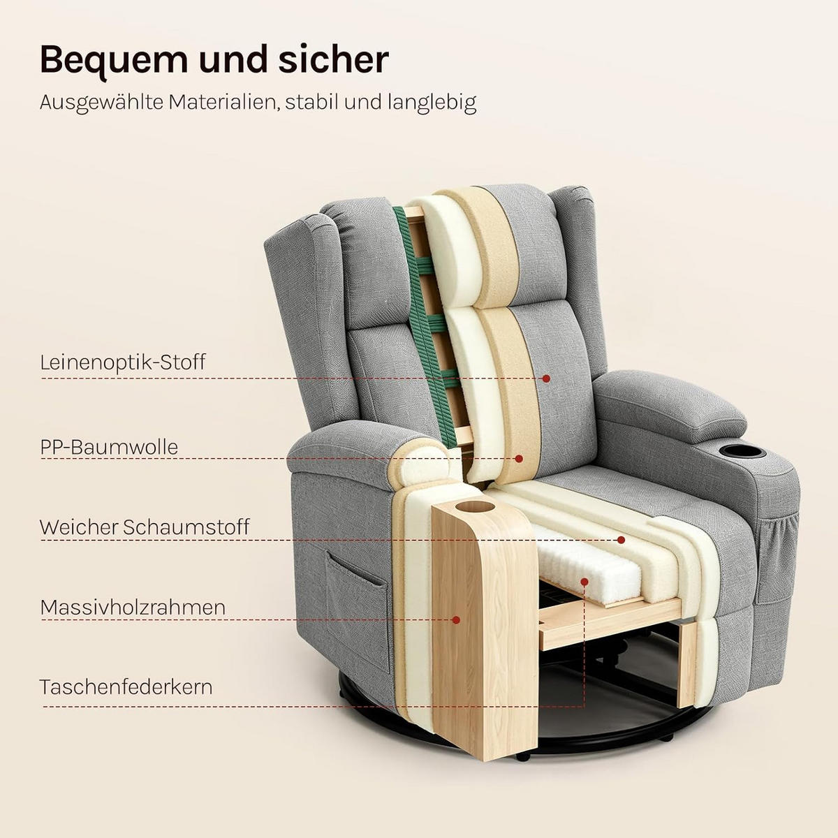RELAXSESSEL mit Liegefunktion, drehbar, Leinenoptik, Grau - Grau, Kunststoff/Textil (87/103.5/94.5cm) - Woltu