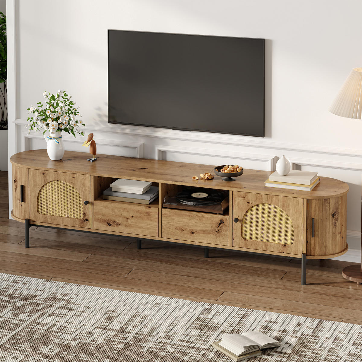 TV-SCHRANK oval Rattan Holzoptik - Naturfarben, Holzwerkstoff (200/49.5/40cm)