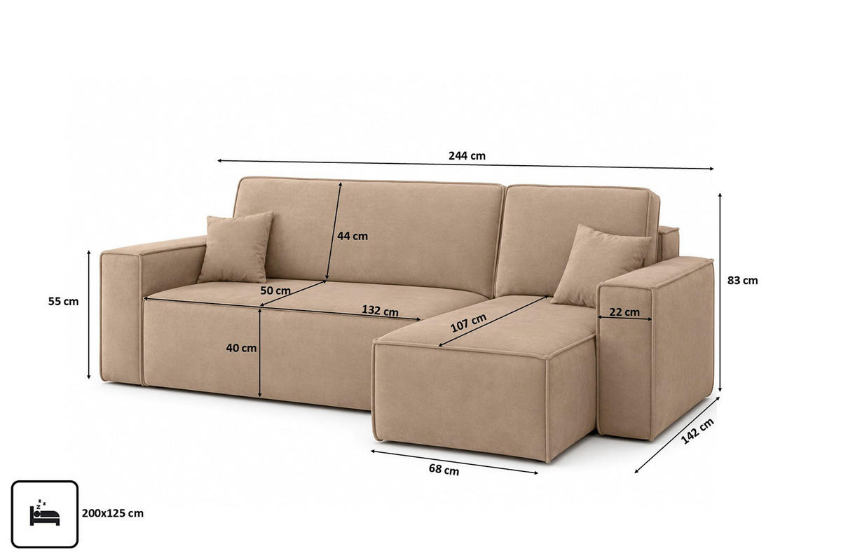 ROHOVÁ SEDAČKA ve tvaru L s funkcí spaní a úložným prostorem, velurová tkanina Bluvel, Latte, Pravá strana, BEST L - kapučínová, dřevo (244/142cm) - Kaiser Möbel
