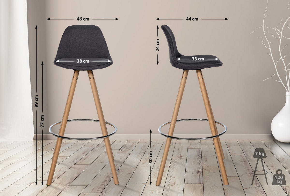 BARHOCKER PALMA Dunkelgrau Stoff Braun - Dunkelgrau, Holz/Textil (38/99/44cm) - DELUKE