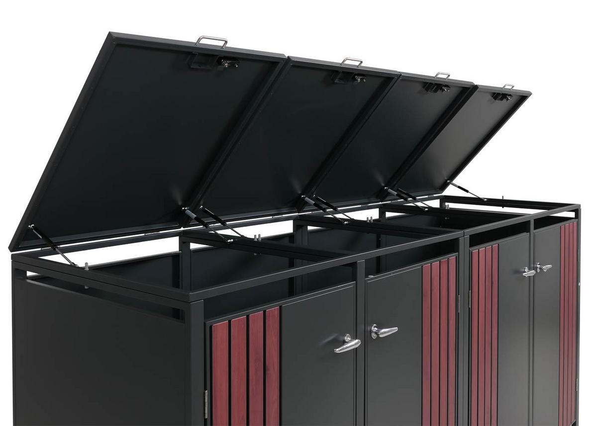 MÜLLTONNENBOX 4er mit Deckel HxBxT 122x250x84cm Anthrazit Holzoptik dunkel - Anthrazit, Metall (250/122/84cm) - PROREGAL