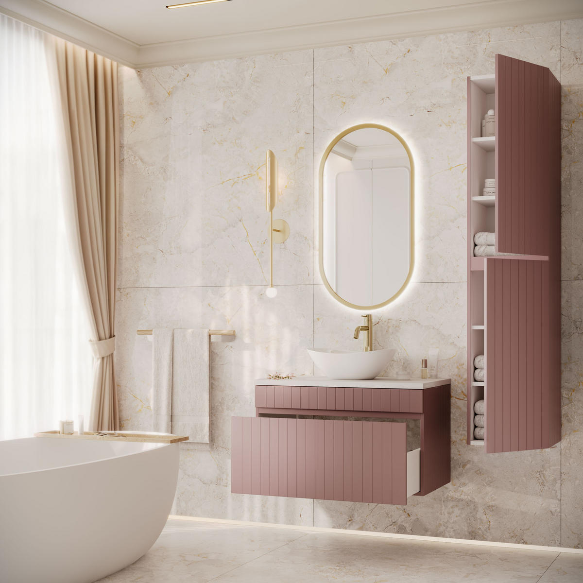 BADEZIMMER-SET FLORIS - Rosa, Holzwerkstoff (80/46/45.6cm) - Lookway