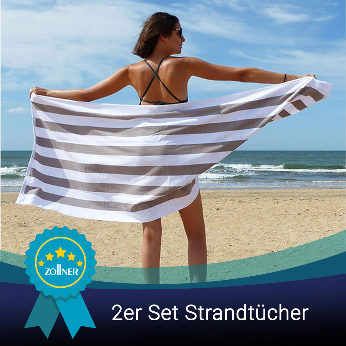 STRANDTUCH, 2er-Set, 70x180 cm, 100% Baumwolle, Grau - Grau, Textil (70/180cm) - Zollner