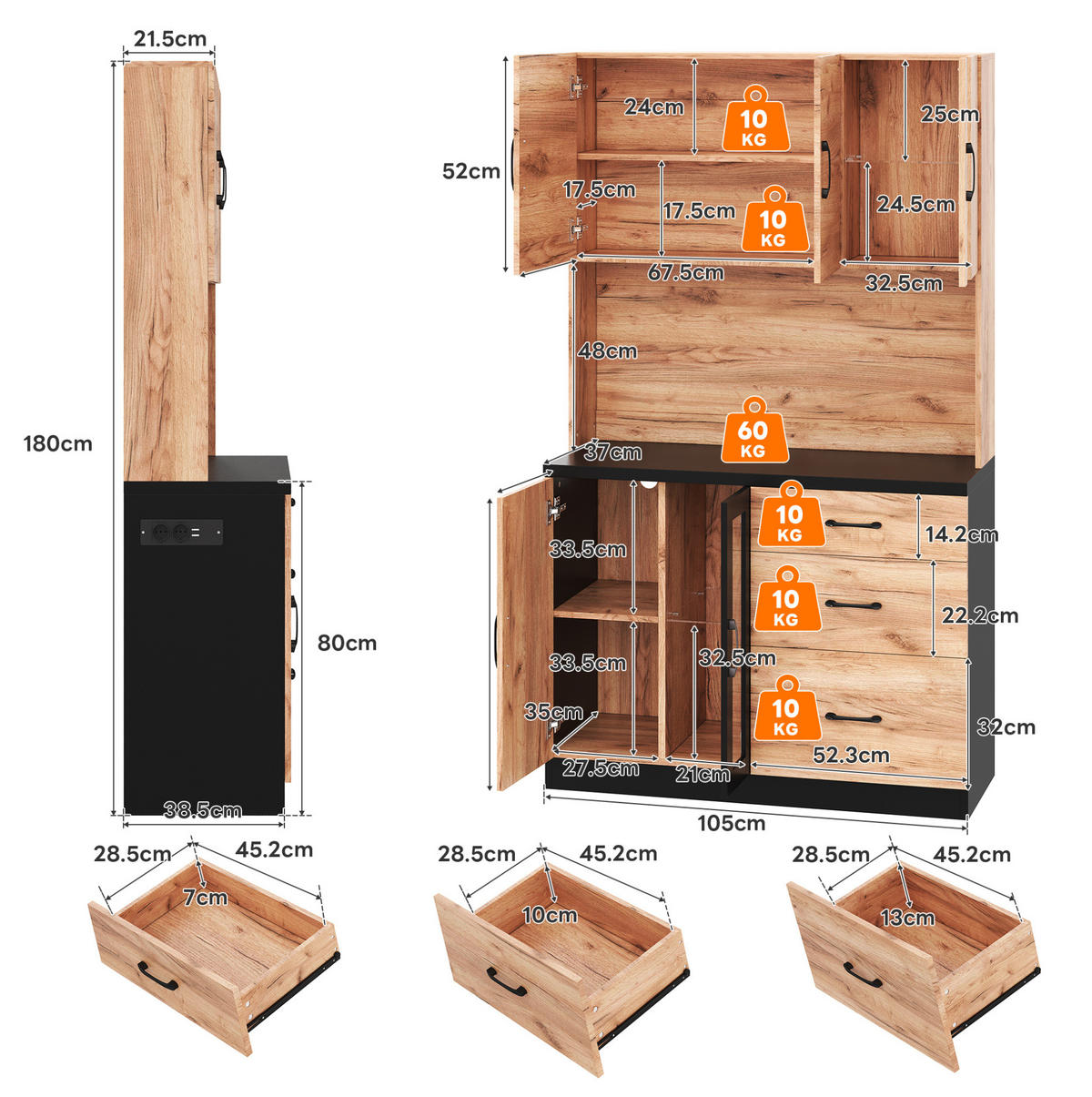 KÜCHENHOCHSCHRANK aus MDF 105x40x180 cm Neutral mit LED-Beleuchtung, USB-Anschlüssen, Steckdosen und Schubladen - Naturfarben, Holzwerkstoff (105/180/40cm) - IVMEU
