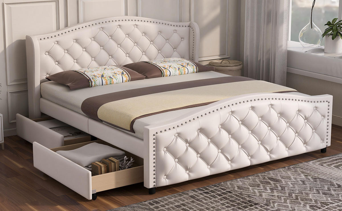 TAPECIRANI krevet 160/200 cm bijeli od PU-a s uzglavljem i 2 ladice - bijela, plastika (160/200cm) - OKWISH