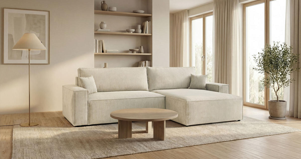 ECKSOFA VIENNA rechts weiß Cord Poso 100 - Schlaffunktion, Bettkasten - Weiß, Textil (285/184cm) - Cornero