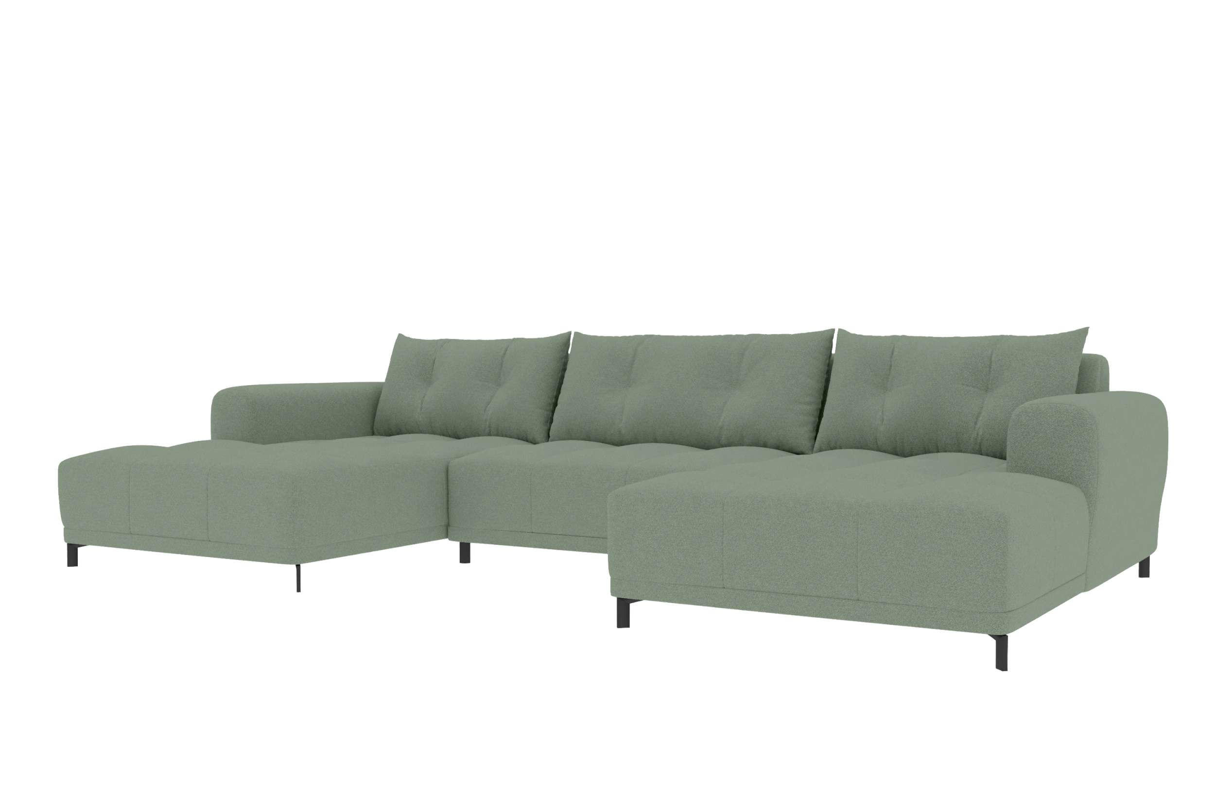 WOHNLANDSCHAFT Strukturstoff Salbeigrün inkl. Schlaffunktion - Salbeigrün/Schwarz, Textil/Metall (348/94/181cm) - 99rooms