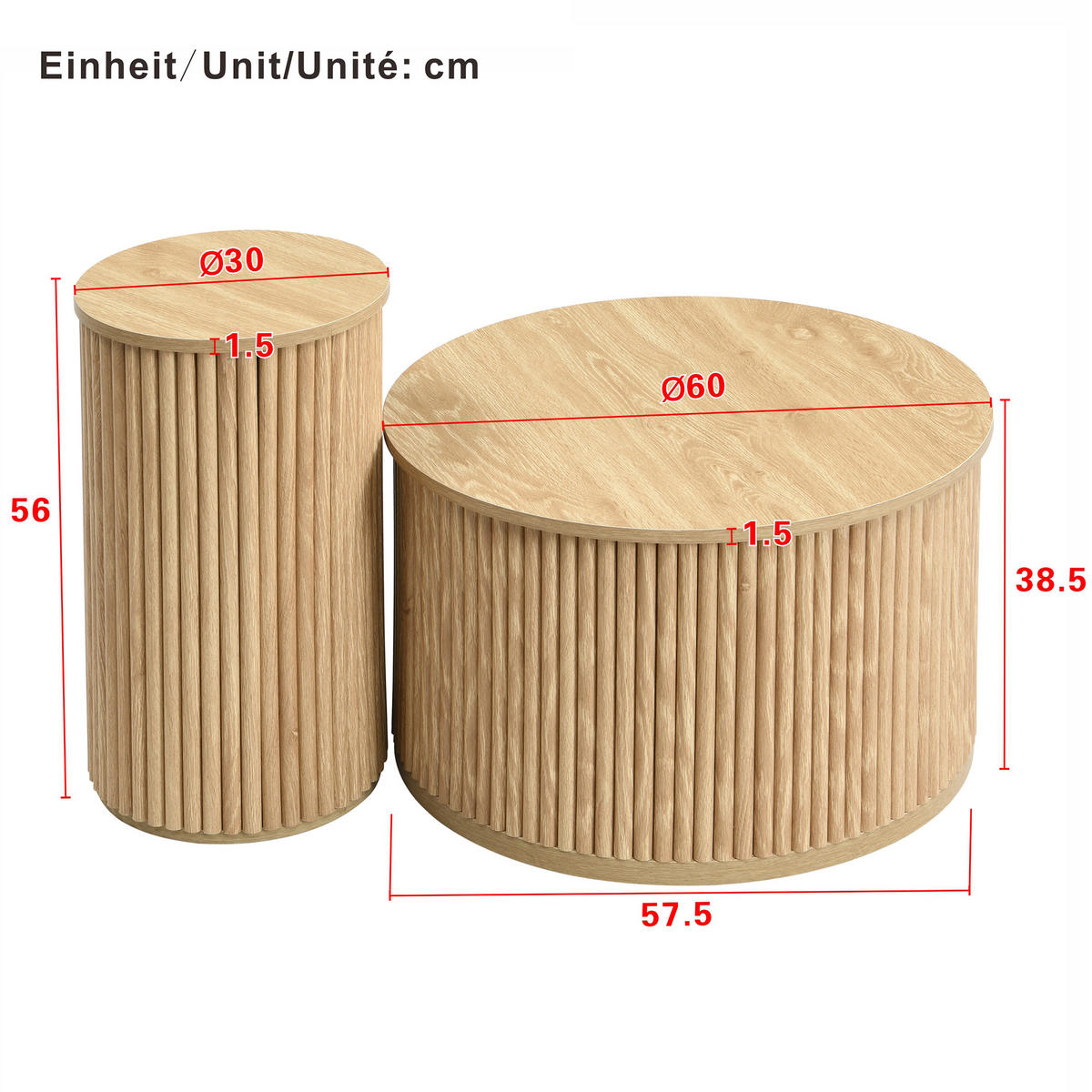 COUCHTISCH Set rund 60/38,5 cm Natur MDF mit 3D-Streifenmuster - Naturfarben, Holzwerkstoff (60/60/38.5cm) - OKWISH