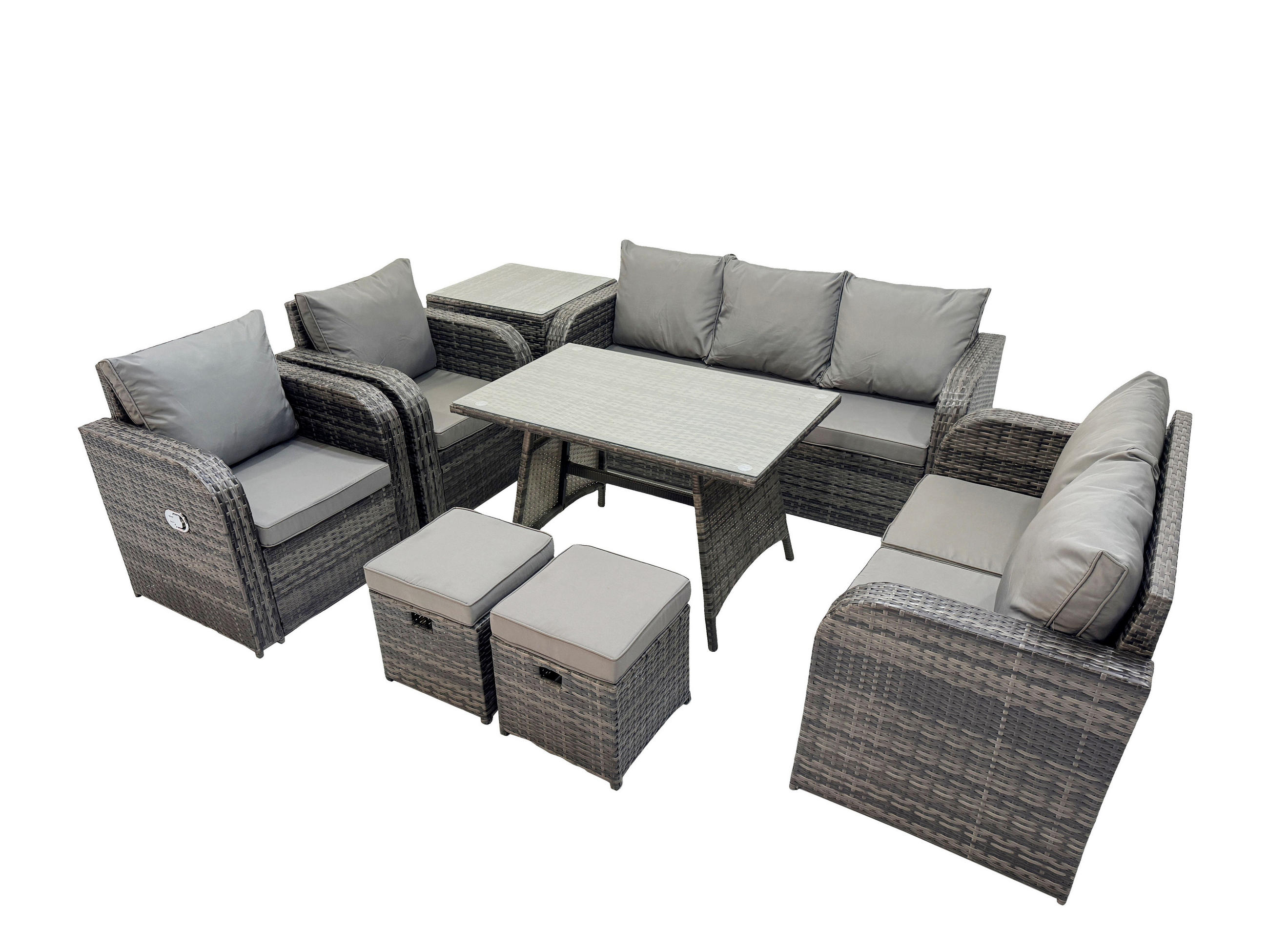 GARTENMÖBEL SET Polyrattan Dunkelgrau 9-Sitzer - Dunkelgrau/Grau, Glas/Kunststoff - Fimous