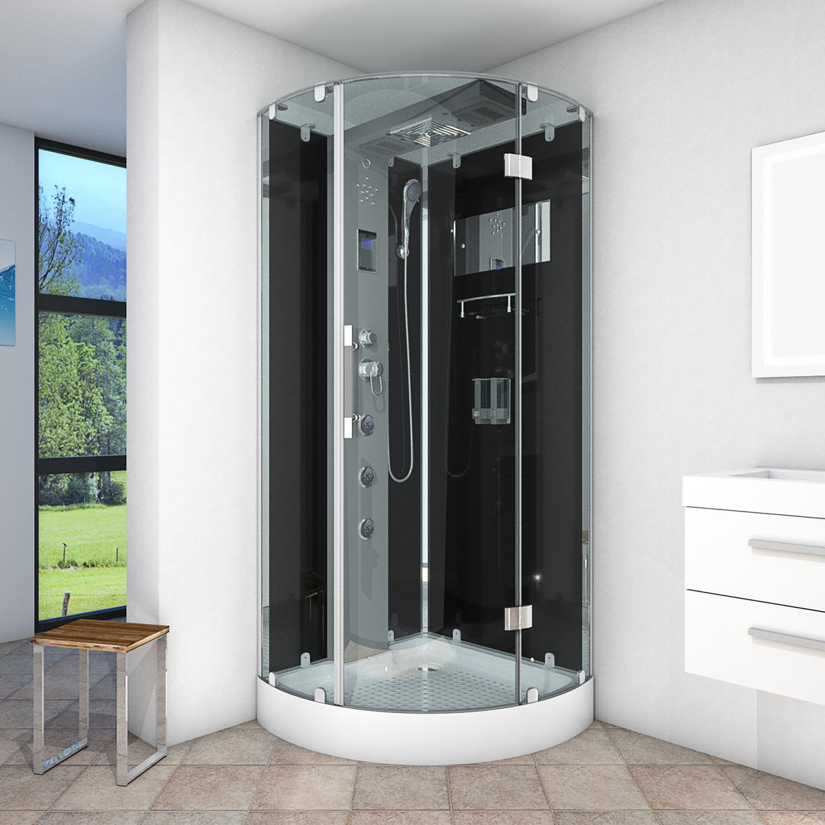 DUSCHKABINE Dusche D37-23R0 Weiß 100x100 - Schwarz, Glas/Kunststoff (100/100/218cm) - AcquaVapore by Sandra Jentho