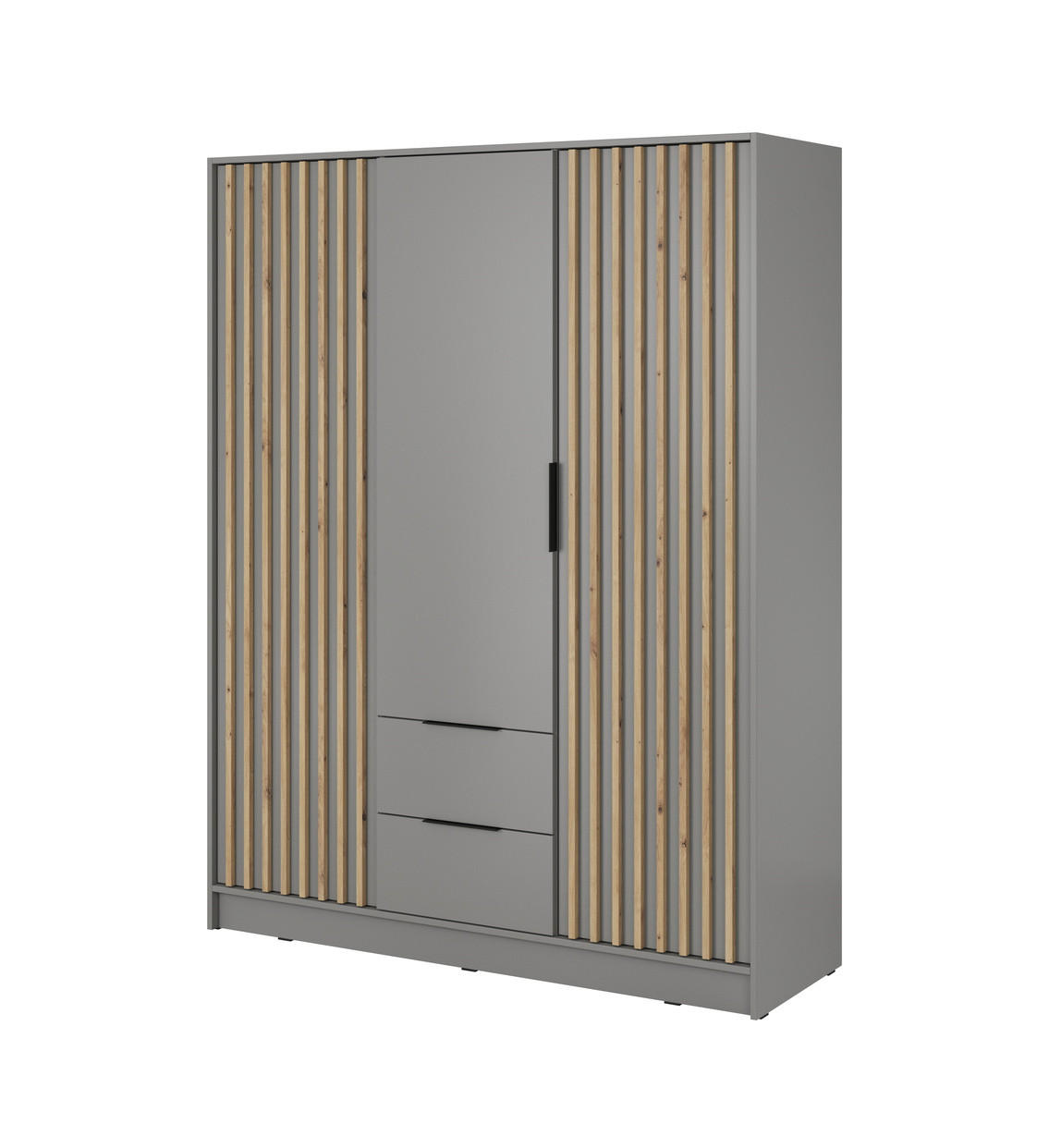 KLEIDERSCHRANK 150 cm Fioro - 3 Türen, Lamellen, Schubladen, Grau - Grau, Holz (155/200/51cm) - Emporius