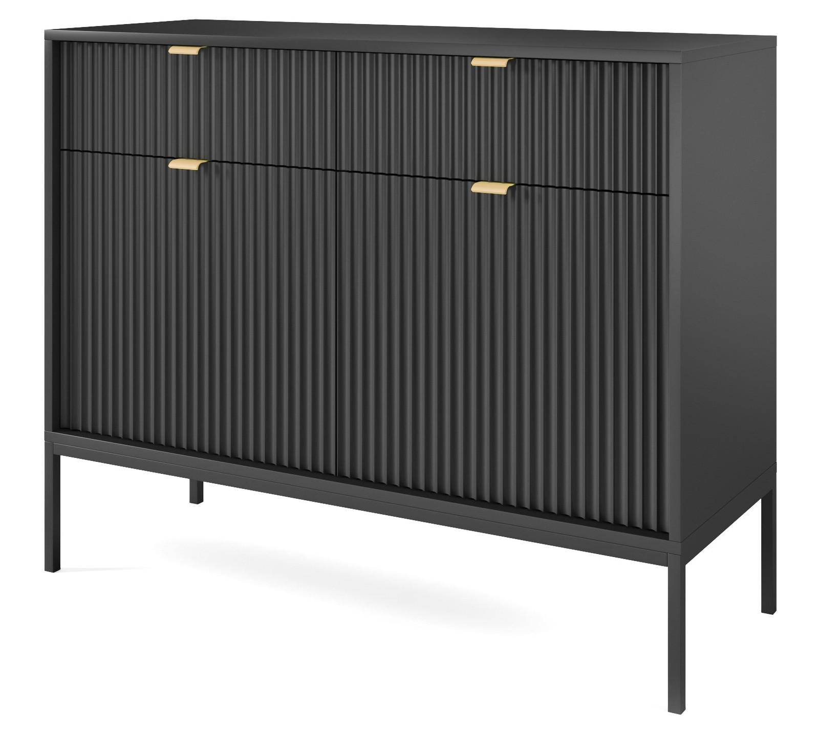 KOMMODE Kioto 104 cm in Schwarz mit schwarzen Beinen und geriffelten Fronten - Goldfarben/Schwarz, Holzwerkstoff/Metall (104/83/39cm) - Ravio