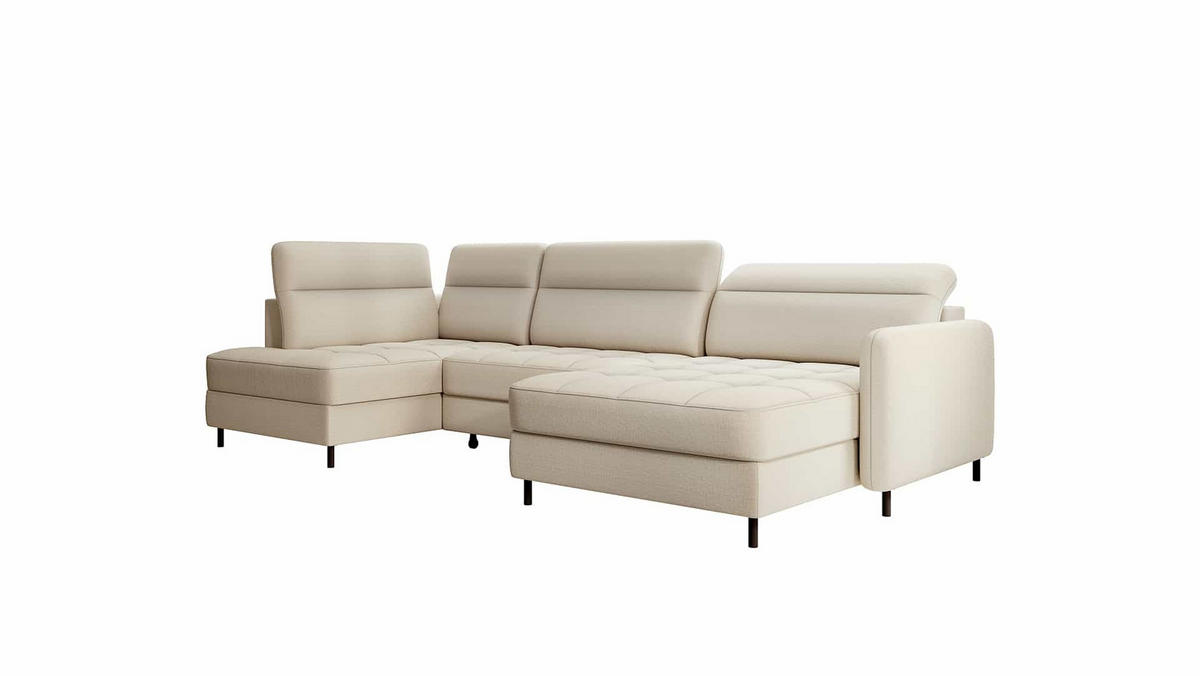 WOHNLANDSCHAFT mit Schlaffunktion und Bettkasten, verstellbare Kopflehnen - Beige/Schwarz, Textil/Metall (165/100/306cm) - Eltap