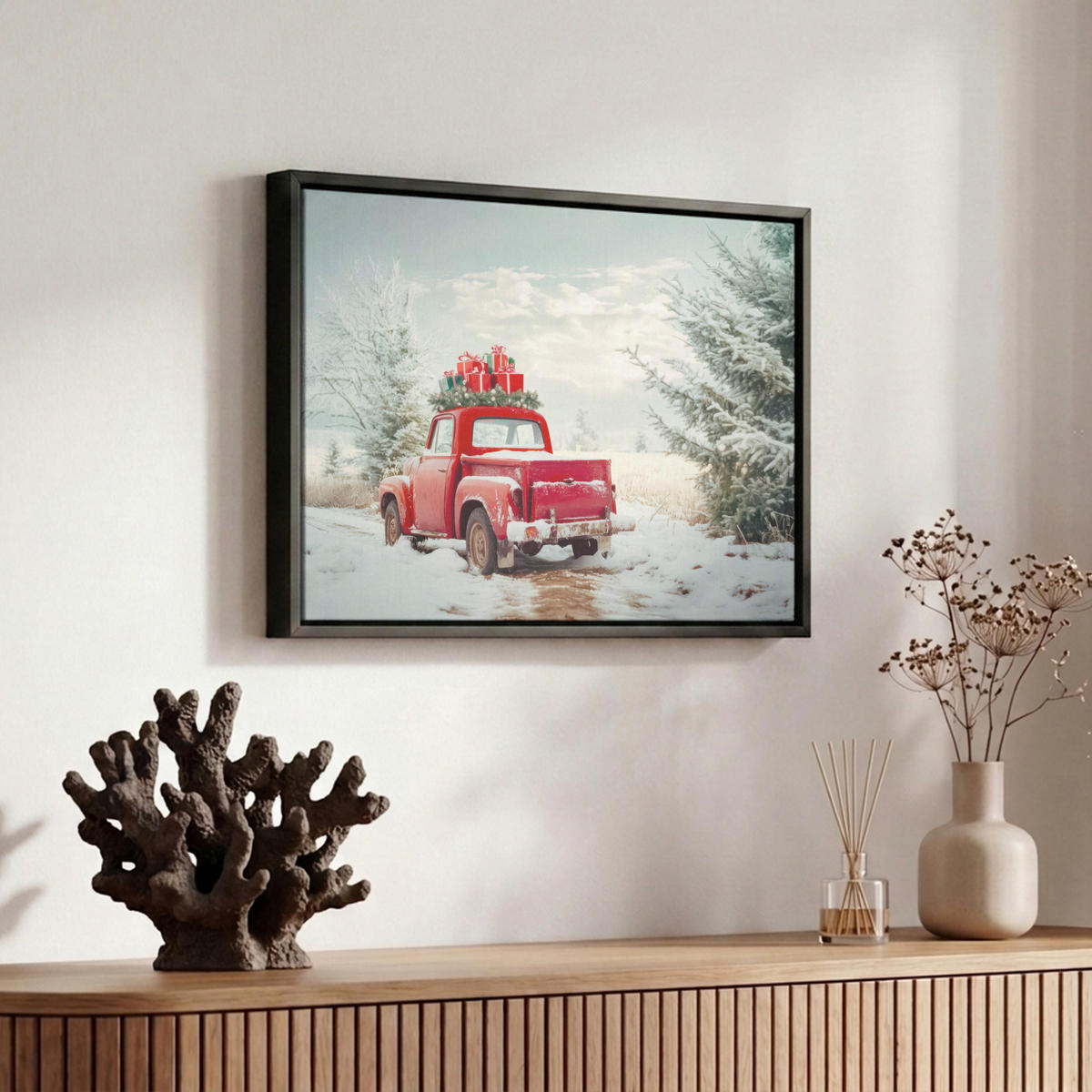 LEINWAND Bilder mit Rahmen - Auto - Rot - Geschenke - Winter - Schnee - Weihnachten - 30x20 - Rot, Textil (30/20cm) - MuchoWow