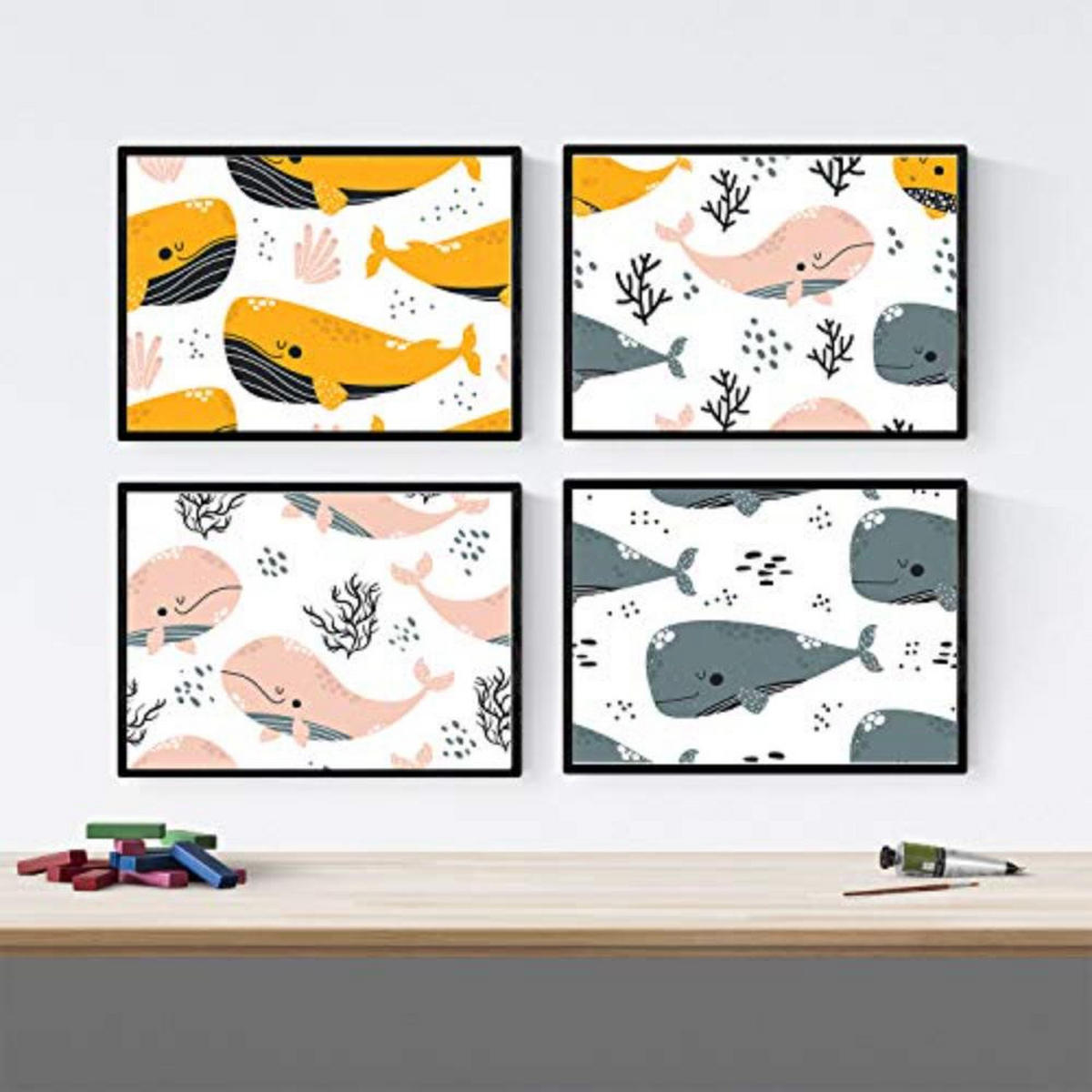 POSTER Set mit 4 Orange graue rosa Wale A4 Schwarzer Rahmen - Schwarz, Papier (29.7/3cm) - Nacnic