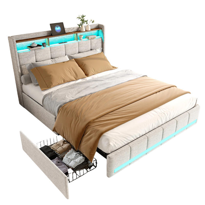 SHOPENTRA ČALOUNĚNÁ postel 180x200 cm béžová, lněná, LED, USB Type-C, 4 zásuvky