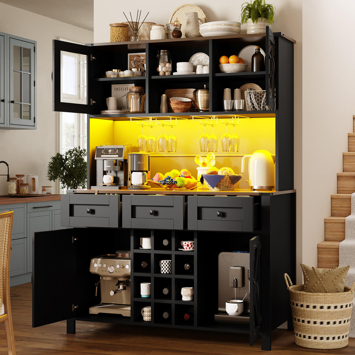 BUFFET 120/40/170 cm in Schwarz mit LED-Beleuchtung und Steckdosenleiste - Schwarz, Holzwerkstoff (120/170/40cm) - Flora Grace
