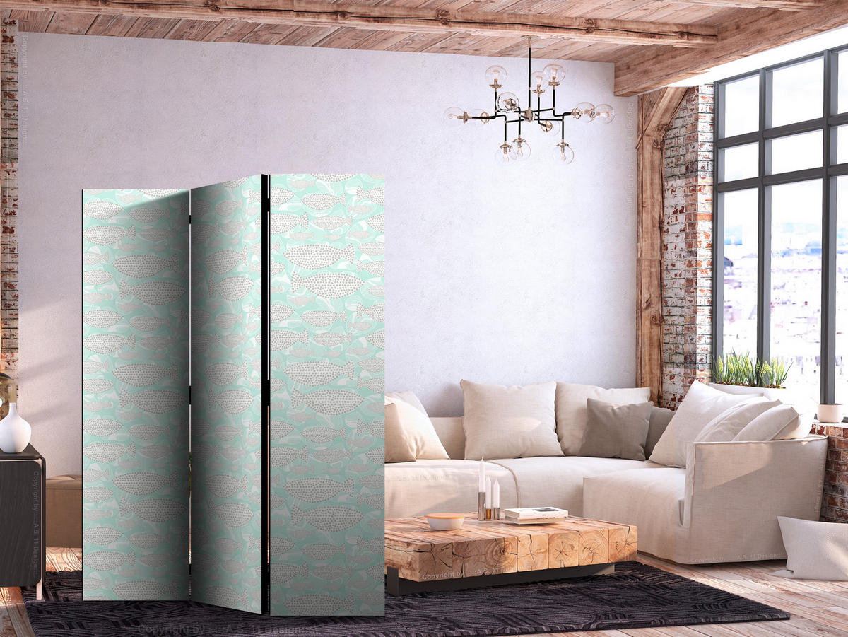 PARAVENT Einseitig Bedruckter 3-tlg 135x172 cm Abstrakte Fische Boho - Grün, Holz/Textil (135/172/3cm) - Muralo