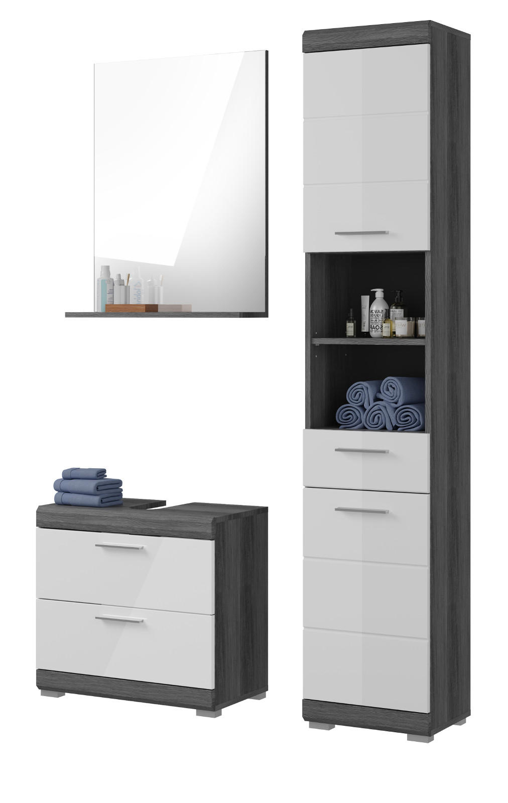 BADMÖBEL-SET weiß Hochglanz, grau 3-teilig 112 cm, Kombination mit viel Stauraum - Weiß Hochglanz/Grau, Holzwerkstoff (112/191/34cm) - Inn.Furn
