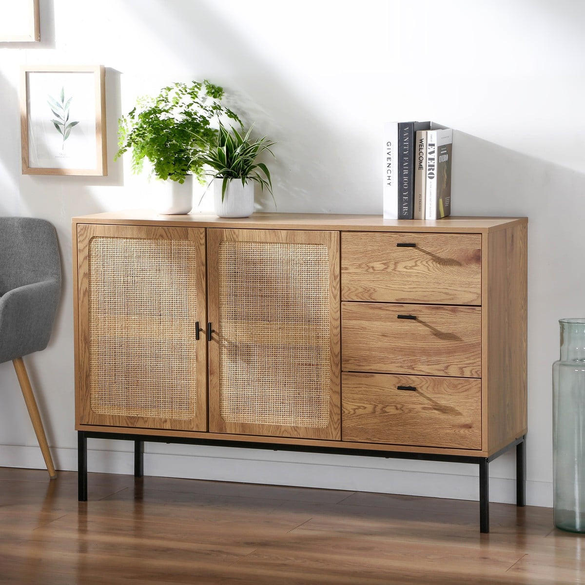 SIDEBOARD mit 2 türen und 3 schubladen aus rattan jaya 120/40/80 cm - Eschefarben, Holzwerkstoff (120/80/40cm) - Calicosy