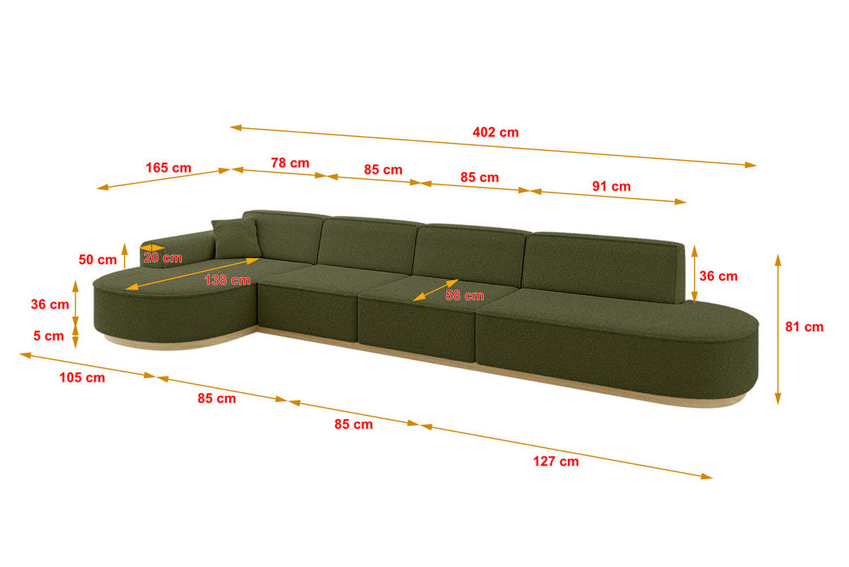 ECKSOFA Ottomane Links MARI-L3-v2 - 413x171x83 cm Grün Bouclé - Grün, Holzwerkstoff/Textil (413/171cm) - ALTDECOR