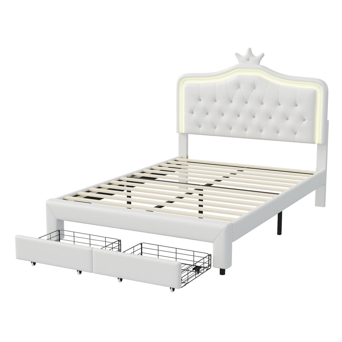 POLSTERBETT Princess Crown 140x200 cm mit höhenverstellbarem Kopfteil, PU, doppelbett mit Lattenrost & LED-Beleuchtung, Weiß - Weiß, Leder/Holz (140/200cm) - BursDany