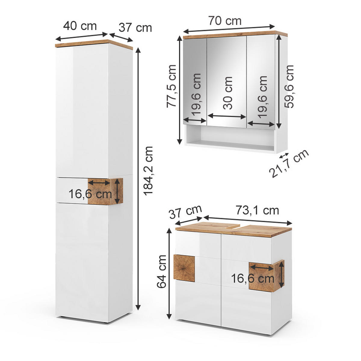 BADMÖBEL-SET Eden Weiß 3 Teile, mit Hochschrank - Weiß/Eiche Artisan, Holzwerkstoff (73/64/37cm) - Vicco